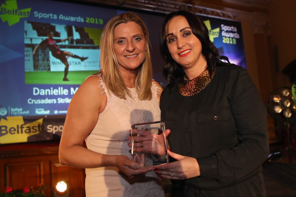 Press Eye - Belfast City Council Sports Awards - City Hall - 23rd March 2019<br />  Photograph by Declan Roughan<br />  Kim Kensett, Active Belfast presents the Pathways to Club Award to Danielle McDowell, Crusaders